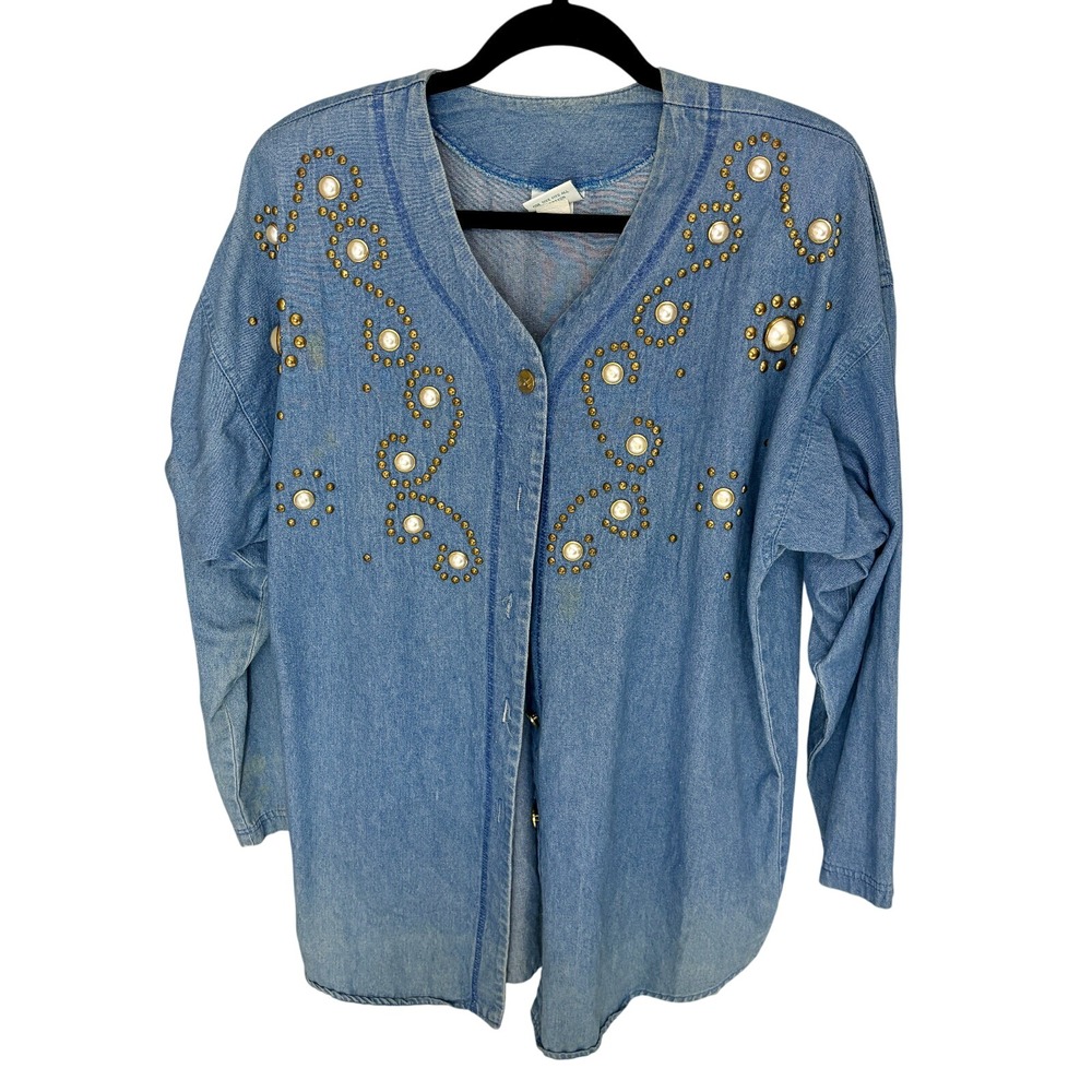 Sassy 80s Denim Blouse Vintage w/ Brass and Faux Pearl‎ Details Modern Big XL
